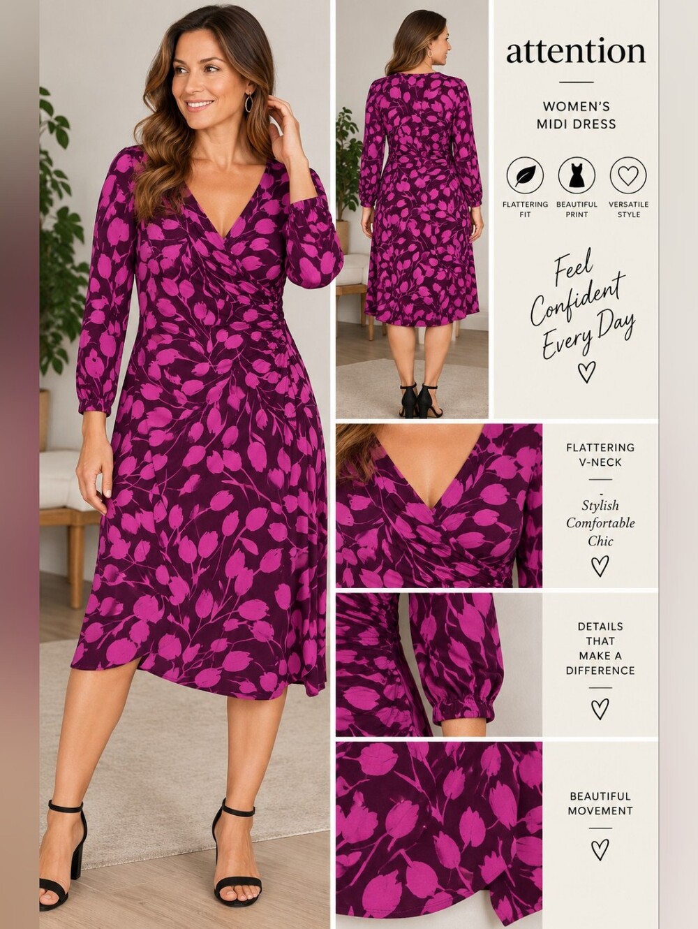 New attention women's XL Purple floral midi dress #30